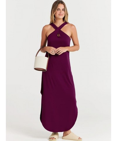 Women’s Casual Summer Maxi Dress Criss Cross Slit Side Sleeveless Loose Beach Long Sundress with Pockets Purple $14.26 Dresses