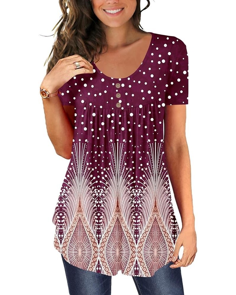 Women's Casual Tunic Tops To Wear With Leggings Short Sleeve Loose Henley Blouses Flowy Botton Up TShirts Purple White Dots $...