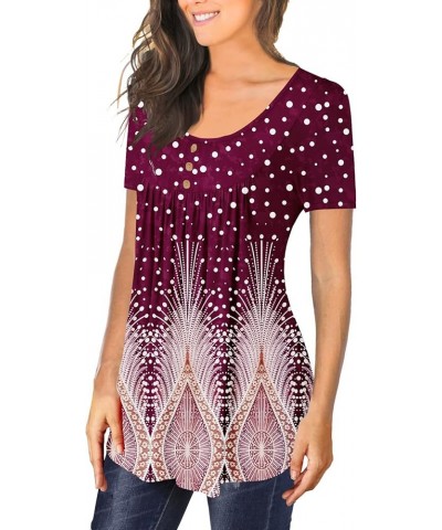 Women's Casual Tunic Tops To Wear With Leggings Short Sleeve Loose Henley Blouses Flowy Botton Up TShirts Purple White Dots $...