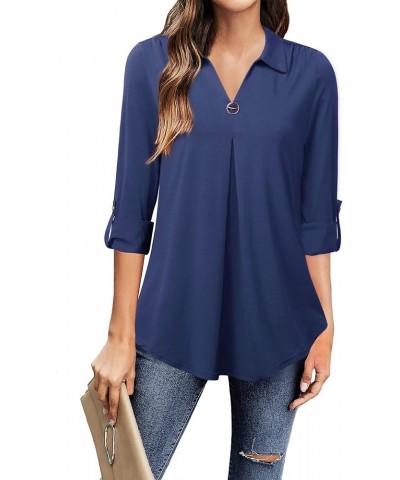 Womens Roll Up 3/4 Sleeve Shirts Collared V Neck Business Casual Tops Loose Work Blouses Solid Blue $13.86 Blouses