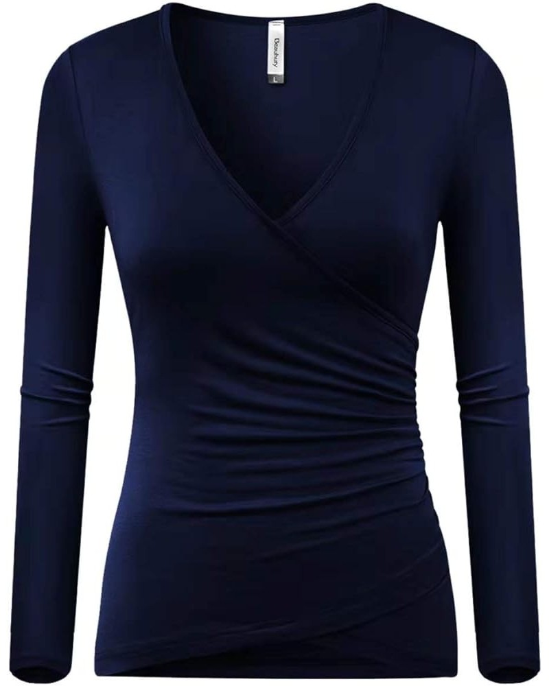 Women's Top Deep V Neck Slim Fitted T-Shirt Front Surplice Wrap Short/Long Sleeve Tees Long-navy Blue $13.24 T-Shirts