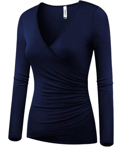 Women's Top Deep V Neck Slim Fitted T-Shirt Front Surplice Wrap Short/Long Sleeve Tees Long-navy Blue $13.24 T-Shirts