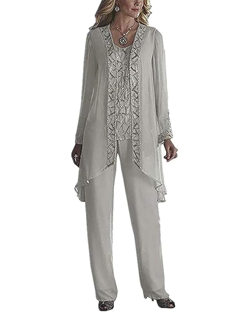 Chiffon Wedding Pant Suits 3 Pieces Formal Mother of The Bride Pant Suits for Women Silver $36.00 Suits