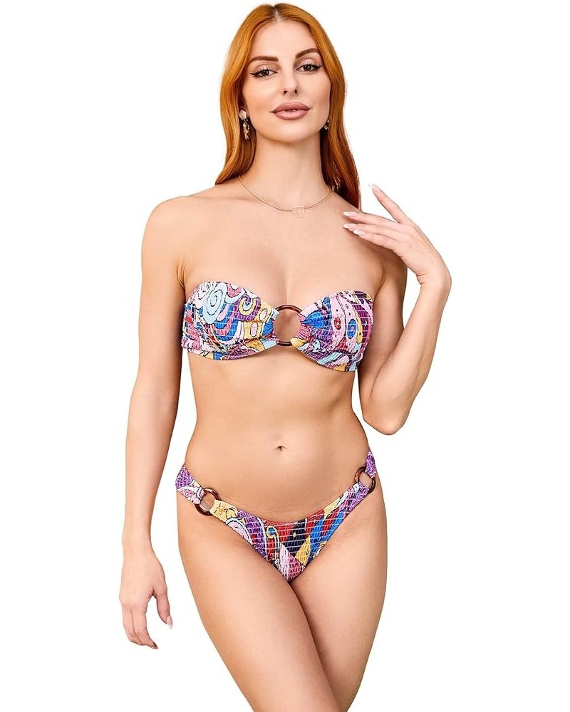 Women's 2 Piece Strapless Smocked Ring Bandeau Bikini Set Swimsuit Bathing Suits Multicolor $14.08 Swimsuits