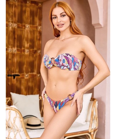 Women's 2 Piece Strapless Smocked Ring Bandeau Bikini Set Swimsuit Bathing Suits Multicolor $14.08 Swimsuits