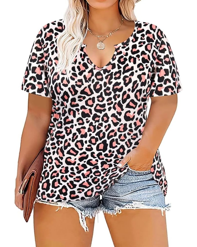 Plus Size Tops for Women Round Neck V Neck Summer Short Sleeve T Shirts Casual Tunic Blouses A105-pink Leopard $16.49 Tops