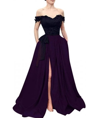 Beaded Lace Off The Shoulder Black Top Long Front Slit Evening Prom Dress Black Dark Purple $41.40 Dresses