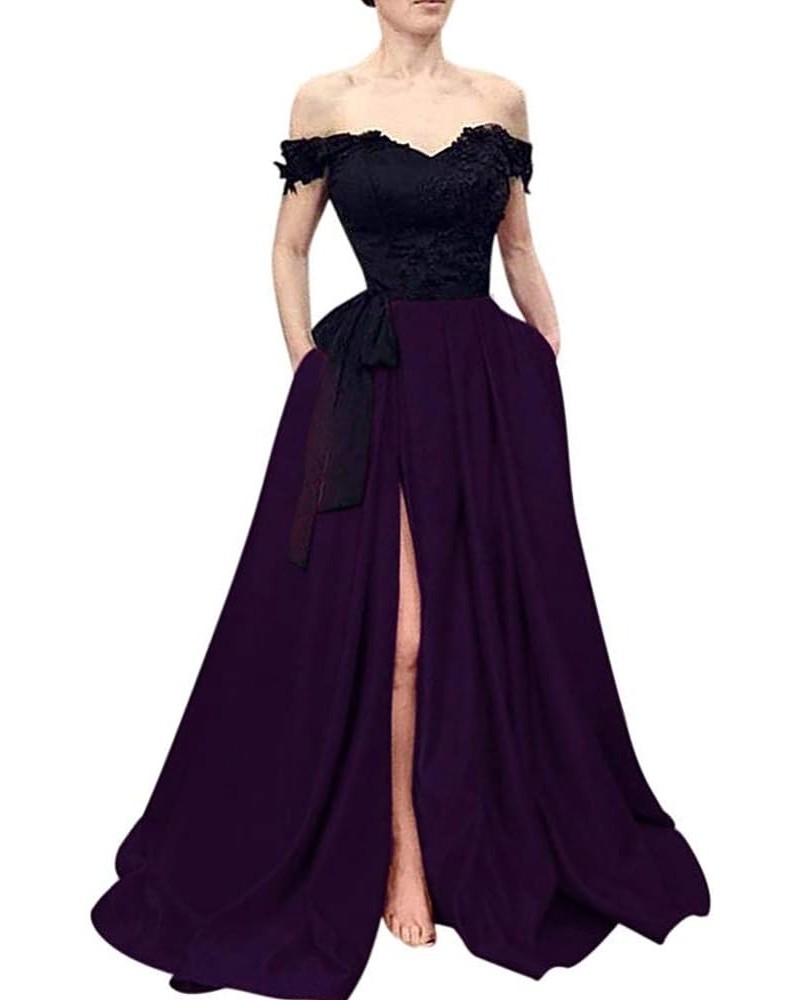 Beaded Lace Off The Shoulder Black Top Long Front Slit Evening Prom Dress Black Dark Purple $41.40 Dresses