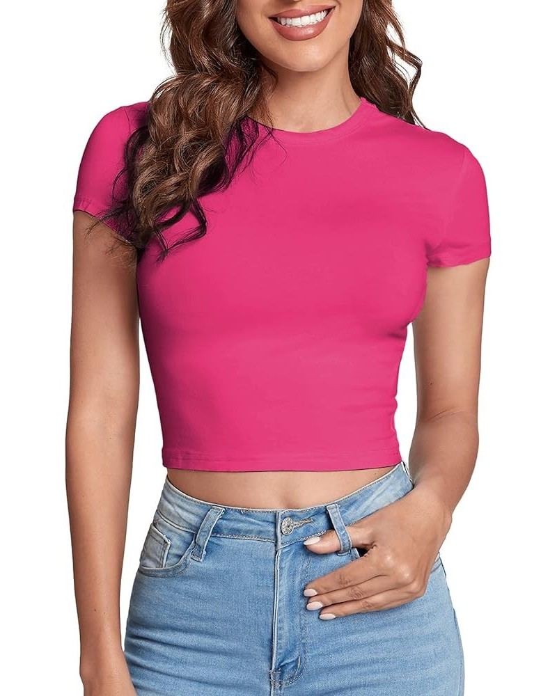 Women's Casual Basic Cap Sleeve Slim Fitted Round Neck Crop Tee Top Light Hot Pink $10.59 T-Shirts