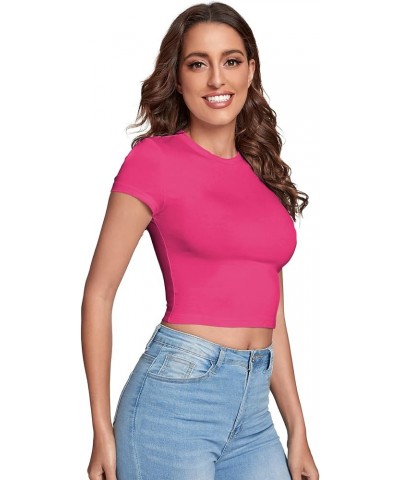 Women's Casual Basic Cap Sleeve Slim Fitted Round Neck Crop Tee Top Light Hot Pink $10.59 T-Shirts