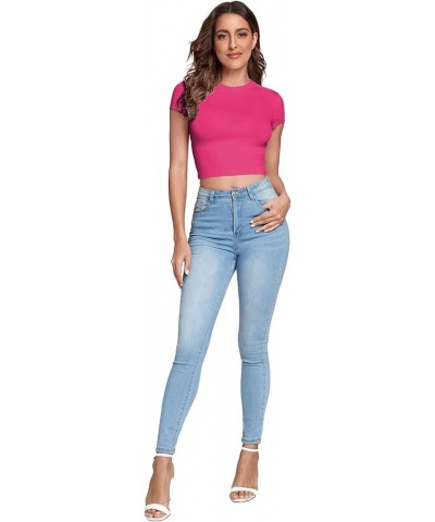 Women's Casual Basic Cap Sleeve Slim Fitted Round Neck Crop Tee Top Light Hot Pink $10.59 T-Shirts