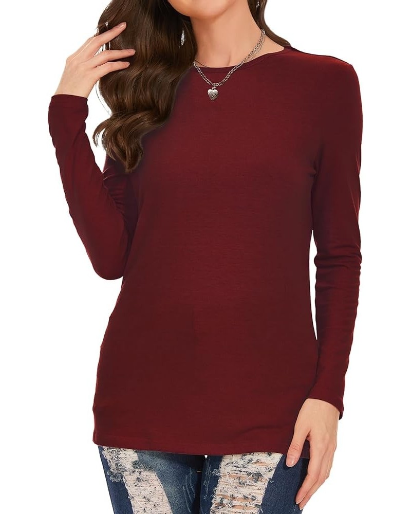 Women's Long Sleeve T Shirt Round Neck Basic Tee Crewneck Sweatshirt Top Blouse Wine Red $9.66 T-Shirts