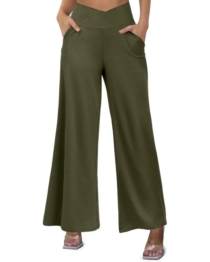 Women's Wide Leg Casual Pants Cross Waist Palazzo Lounge Pajama Flowy Pants Yoga Sweatpants with Pockets A13 Army Green $14.2...