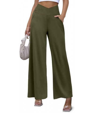 Women's Wide Leg Casual Pants Cross Waist Palazzo Lounge Pajama Flowy Pants Yoga Sweatpants with Pockets A13 Army Green $14.2...