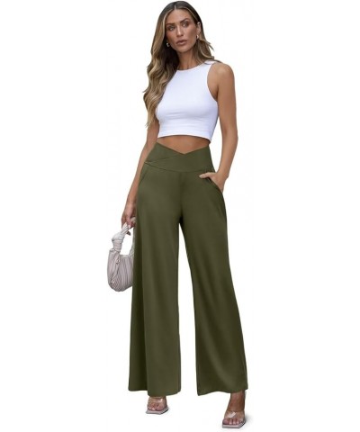 Women's Wide Leg Casual Pants Cross Waist Palazzo Lounge Pajama Flowy Pants Yoga Sweatpants with Pockets A13 Army Green $14.2...