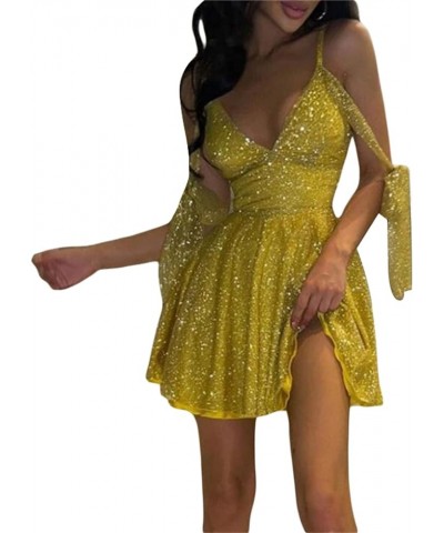 Sparkly Sequins Mini Dress for Women Sexy Spaghetti Strap Glitter Short Dresses Bodycon Cocktail Party Clubwear C Yellow $11....