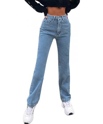 Washed Denim Jeans for Women, Fashion High Waist Slimming Jeans Loose Casual Solid Wide Legged Denim Pants with Pockets 4-blu...