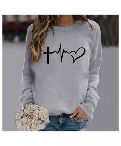 2024 Easter Day Outfits for Womens,Jesus Cross Heart Print Long Sleeve Tops Casual Crewneck Pullover Christian Gift Gray $8.6...