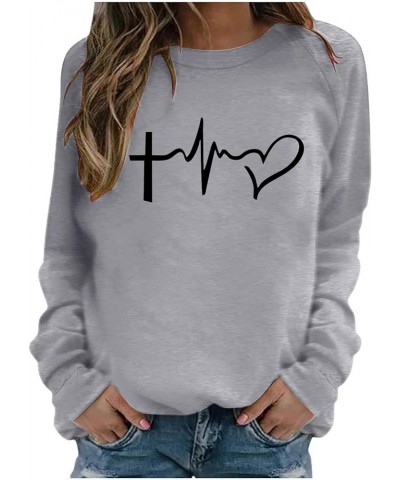 2024 Easter Day Outfits for Womens,Jesus Cross Heart Print Long Sleeve Tops Casual Crewneck Pullover Christian Gift Gray $8.6...