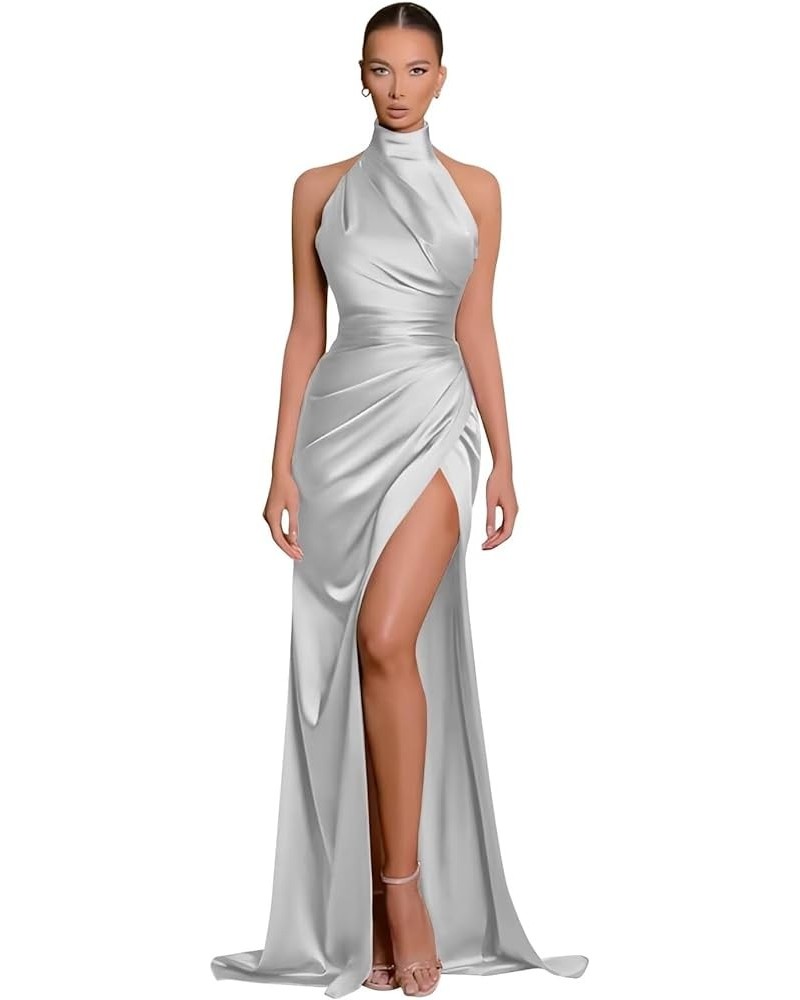 Mermaid Halter Bridesmaid Dresses with High Slits Satin Prom Dress Evening Formal Gown Silver $28.07 Dresses