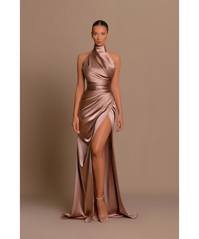 Mermaid Halter Bridesmaid Dresses with High Slits Satin Prom Dress Evening Formal Gown Silver $28.07 Dresses