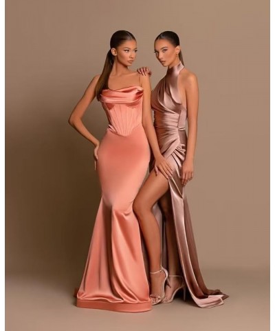 Mermaid Halter Bridesmaid Dresses with High Slits Satin Prom Dress Evening Formal Gown Silver $28.07 Dresses