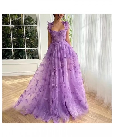 Women's Tulle 3D Butterfly Prom Dress Long 2024 Spaghetti Straps A-Line Evening Ball Gown Party Dresses with Slit Champagne $...