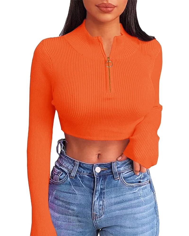 Women Long Sleeve Turtleneck Crop Top Zip Neon Sexy Fitted Cropped Shirts 01 Orange $15.65 T-Shirts