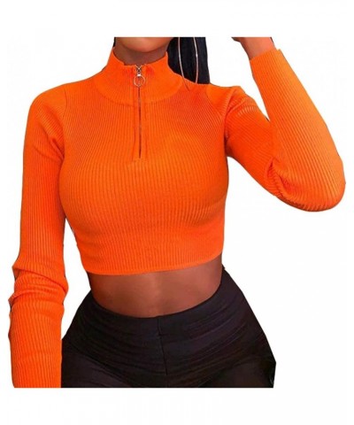 Women Long Sleeve Turtleneck Crop Top Zip Neon Sexy Fitted Cropped Shirts 01 Orange $15.65 T-Shirts