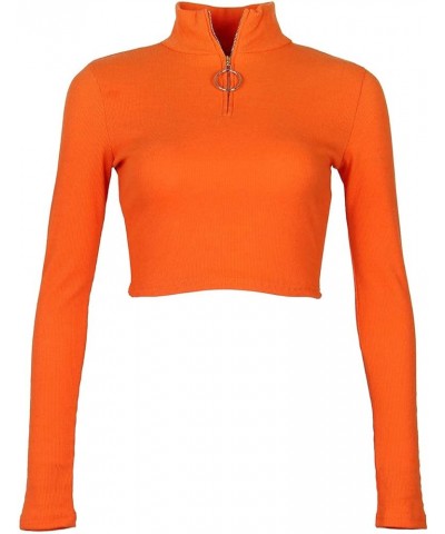 Women Long Sleeve Turtleneck Crop Top Zip Neon Sexy Fitted Cropped Shirts 01 Orange $15.65 T-Shirts