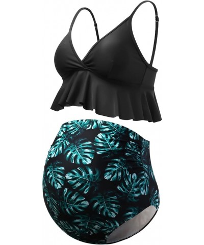 Maternity Bikini Set Two Pieces Pregnancy Swimsuit Bathing Suits High Waisted Ruffle Summer Swimwear Black With Green Leaves ...