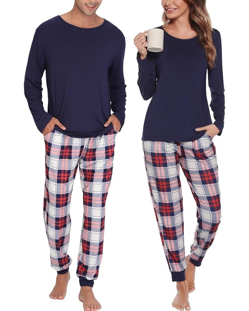 Men & Women Pajama Sets for Couples Long Sleeve Sleepwear Plaid Striped Pants Loungewear Set with Pockets Women Navy Blue2- S...