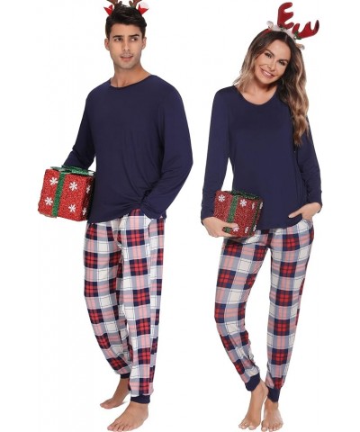 Men & Women Pajama Sets for Couples Long Sleeve Sleepwear Plaid Striped Pants Loungewear Set with Pockets Women Navy Blue2- S...