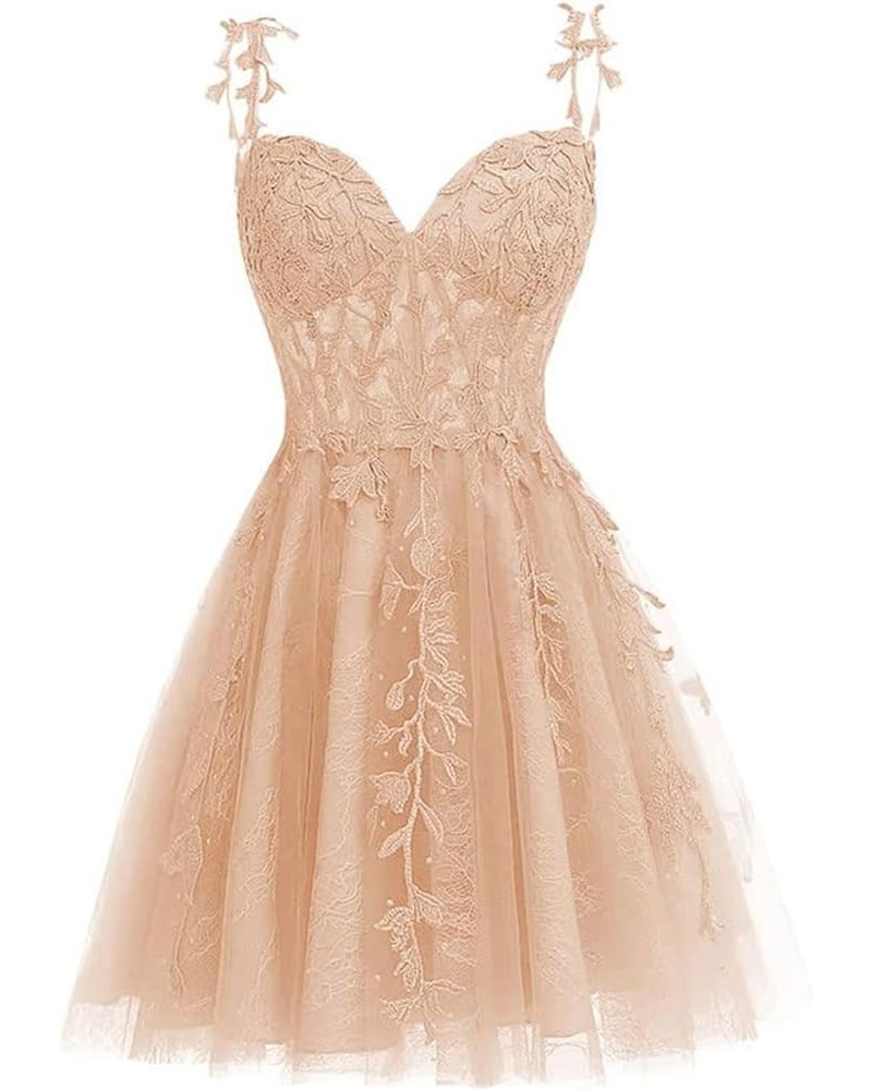 Women's Tulle Homecoming Dresses for Teens Spaghetti Strap Lace Applique Short Prom Dresses 2024 Cocktail Mini Dress Peach $3...