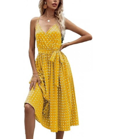 Women's Dots Floral Sleeveless Belted Pleated Midi Cami Dress Spaghetti Strap Summer Dresses for Beach Yellow $13.99 Dresses