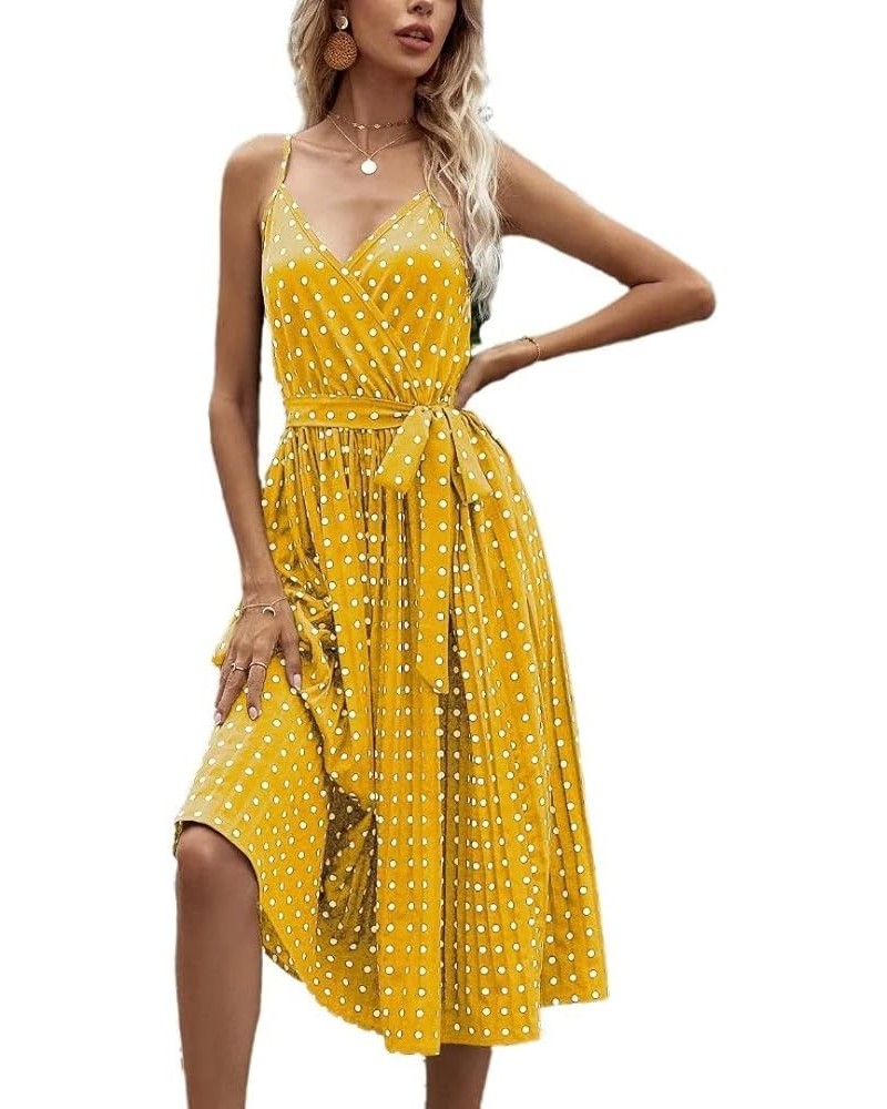 Women's Dots Floral Sleeveless Belted Pleated Midi Cami Dress Spaghetti Strap Summer Dresses for Beach Yellow $13.99 Dresses