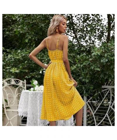 Women's Dots Floral Sleeveless Belted Pleated Midi Cami Dress Spaghetti Strap Summer Dresses for Beach Yellow $13.99 Dresses