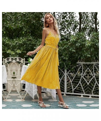 Women's Dots Floral Sleeveless Belted Pleated Midi Cami Dress Spaghetti Strap Summer Dresses for Beach Yellow $13.99 Dresses