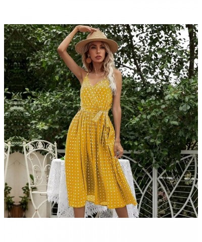 Women's Dots Floral Sleeveless Belted Pleated Midi Cami Dress Spaghetti Strap Summer Dresses for Beach Yellow $13.99 Dresses