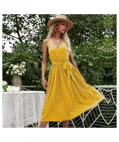 Women's Dots Floral Sleeveless Belted Pleated Midi Cami Dress Spaghetti Strap Summer Dresses for Beach Yellow $13.99 Dresses