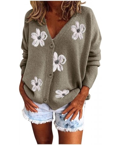 Women Warm Sweater Top Coats Cardigans Daisy Printing Long Sleeve Sweatshirt V-Neck Cropped Elegant Versatile Zza-grey $20.63...