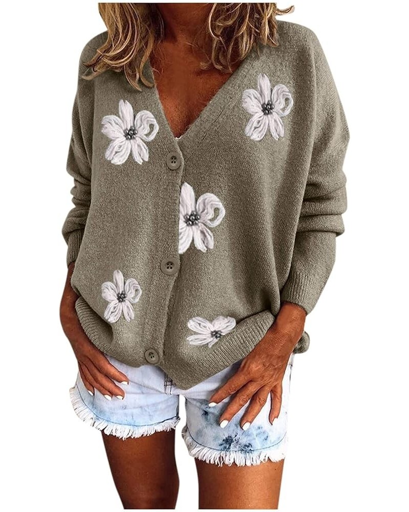 Women Warm Sweater Top Coats Cardigans Daisy Printing Long Sleeve Sweatshirt V-Neck Cropped Elegant Versatile Zza-grey $20.63...