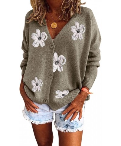 Women Warm Sweater Top Coats Cardigans Daisy Printing Long Sleeve Sweatshirt V-Neck Cropped Elegant Versatile Zza-grey $20.63...