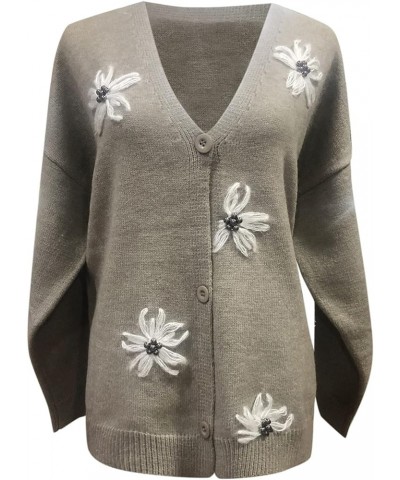 Women Warm Sweater Top Coats Cardigans Daisy Printing Long Sleeve Sweatshirt V-Neck Cropped Elegant Versatile Zza-grey $20.63...