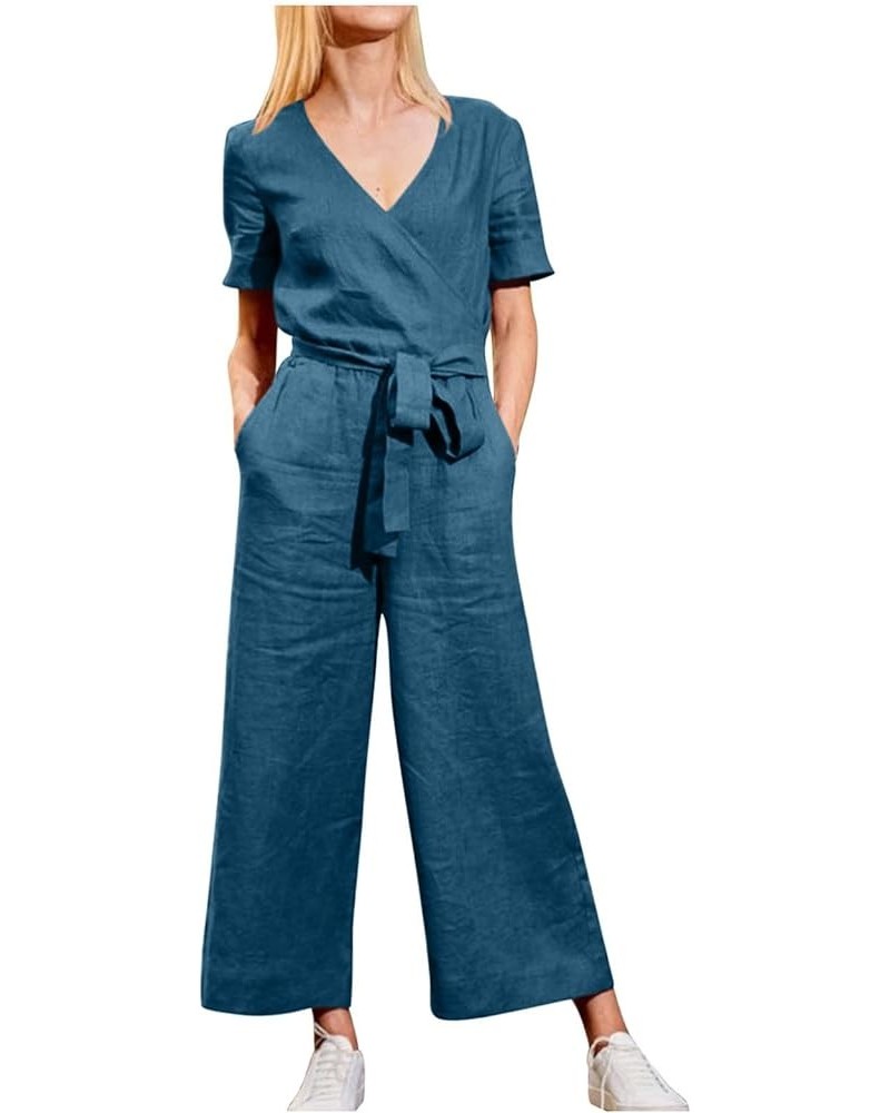 Women Loose Casual Jumpsuits V Neck Solid Stretchy Wide Leg Long Rompers with Pockets Loose Overalls with Drawstring Blue $7....