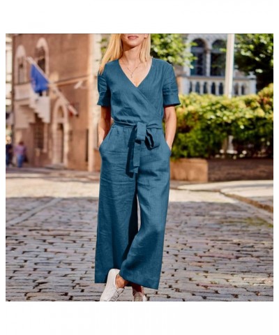 Women Loose Casual Jumpsuits V Neck Solid Stretchy Wide Leg Long Rompers with Pockets Loose Overalls with Drawstring Blue $7....