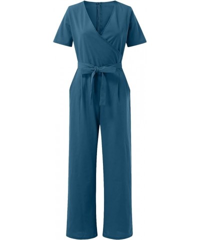 Women Loose Casual Jumpsuits V Neck Solid Stretchy Wide Leg Long Rompers with Pockets Loose Overalls with Drawstring Blue $7....