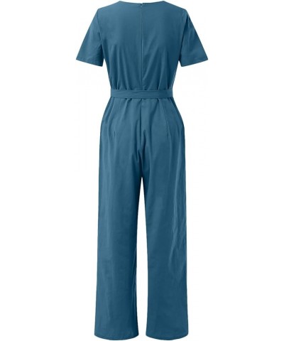 Women Loose Casual Jumpsuits V Neck Solid Stretchy Wide Leg Long Rompers with Pockets Loose Overalls with Drawstring Blue $7....