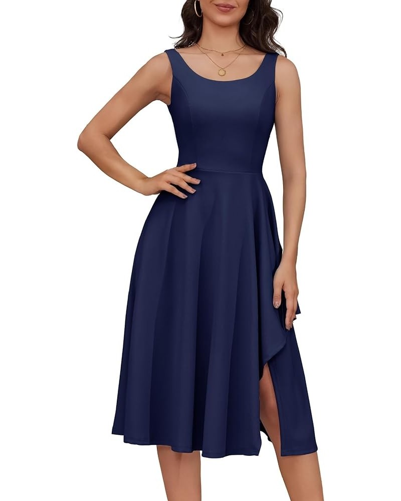 Women Sleeveless Ruffle Crew Neck Dress Split Flowy Wedding Guest A Line Irregular Hem Semi Formal Midi Dress Navy $18.90 Dre...