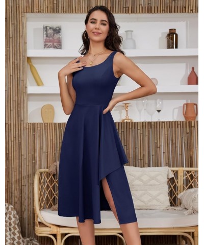 Women Sleeveless Ruffle Crew Neck Dress Split Flowy Wedding Guest A Line Irregular Hem Semi Formal Midi Dress Navy $18.90 Dre...